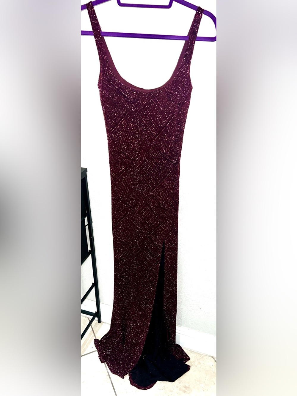 Sequin Hearts Deep Burgundy Sequin Tank Prom Dress extra long with slit sexy